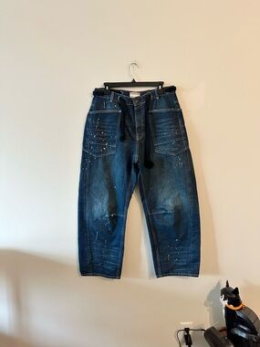 We The Free People Moxie Low Slung Drawstring Jeans Cerulean Blue 28 Paint Boho